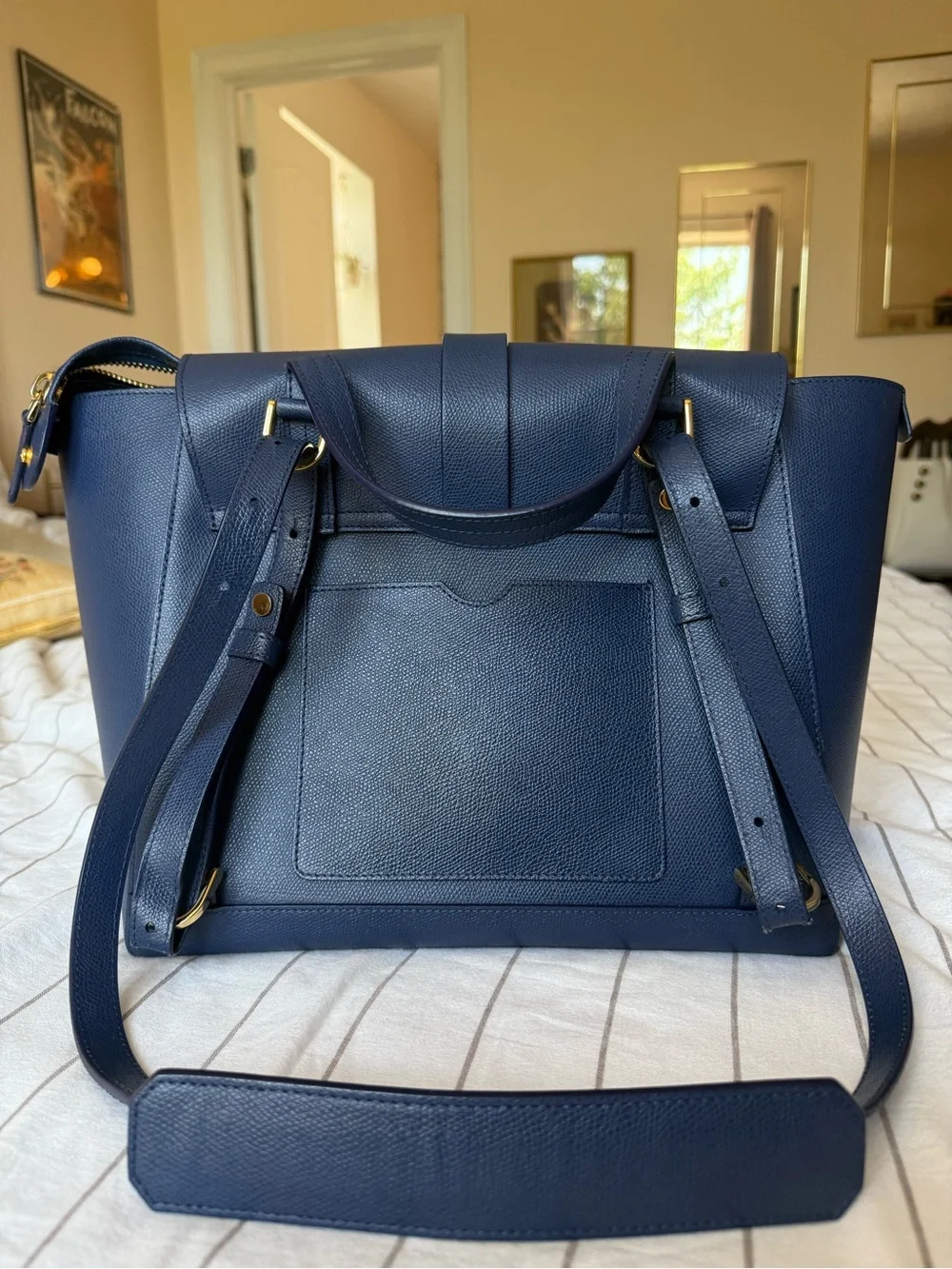 Senreve Maestra Large Navy Leather Handbag with Gold Accents